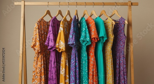 Colorful patterned dresses on wooden rack