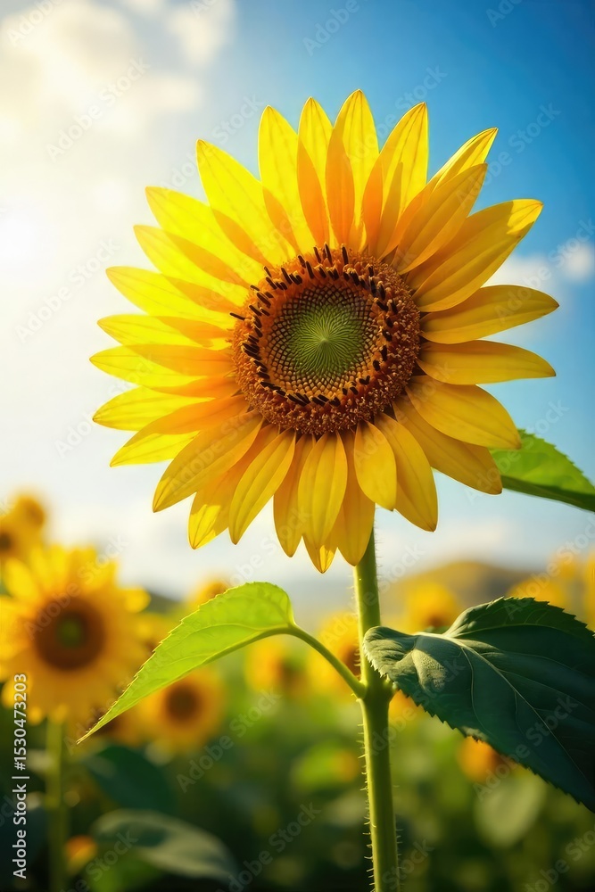 Obraz premium Vibrant sunflower basking in bright sunshine, petals unfurling towards the golden light A perfect summer image of nature's beauty and warmth , green, leaf