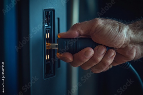 Close-up of hands pulling an electronic device plug after use., Generative AI