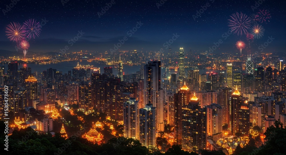 Fototapeta premium Night cityscape panorama with vibrant fireworks displays over illuminated skyscrapers and hills
