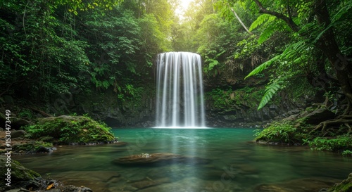 Serene waterfall cascading into a tranquil, teal pool, nestled within a lush, vibrant rainforest