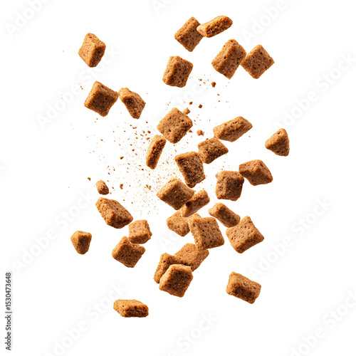 Dry dog food kibble falling from top, isolated on transparent background. 