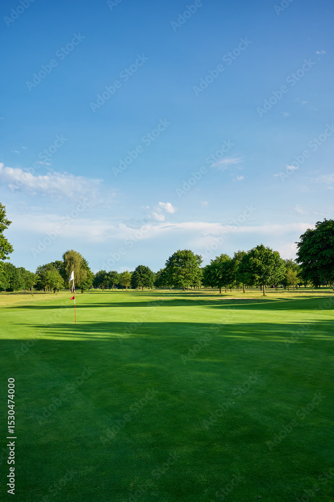 Obraz premium Wide-angle view of a golf green with flagstick, trees, and bunker under a vibrant blue sky. Perfect for nature, leisure, and outdoor sport themes.