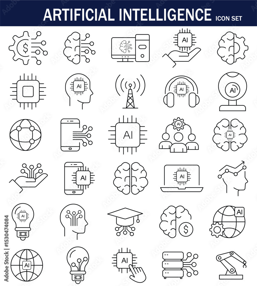 AI icon set featuring neural networks, robots, chips, brains, automation, and machine learning concepts in a modern, minimal line style. AI icon set featuring neural networks, robots, chips, brains, automation, and machine learning concepts in a modern, minimal line style.