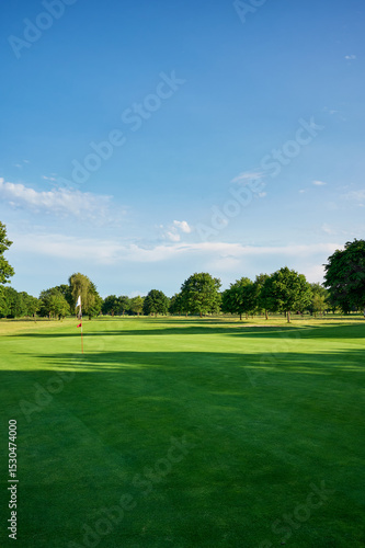 Wide-angle view of a golf green with flagstick, trees, and bunker under a vibrant blue sky. Perfect for nature, leisure, and outdoor sport themes.