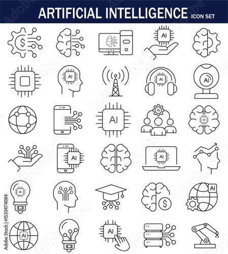 AI icon set featuring neural networks, robots, chips, brains, automation, and machine learning concepts in a modern, minimal line style.