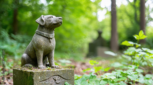 Serene pet cemetery featuring stone statue of dog, surrounded by lush greenery and soft sunlight, evokes sense of peace