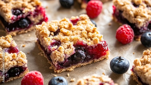 Close-up of several golden-brown baked squares, topped with a crumble and filled with a berry mixture of blueberries and raspberries. The squares are 