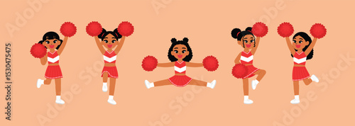 cute black girl in cheerleading red uniform, smile cheerleader dance and jump, cheerful support sport game, smile cheerleader girl with pom-pom entertain and cheering competition sport day 