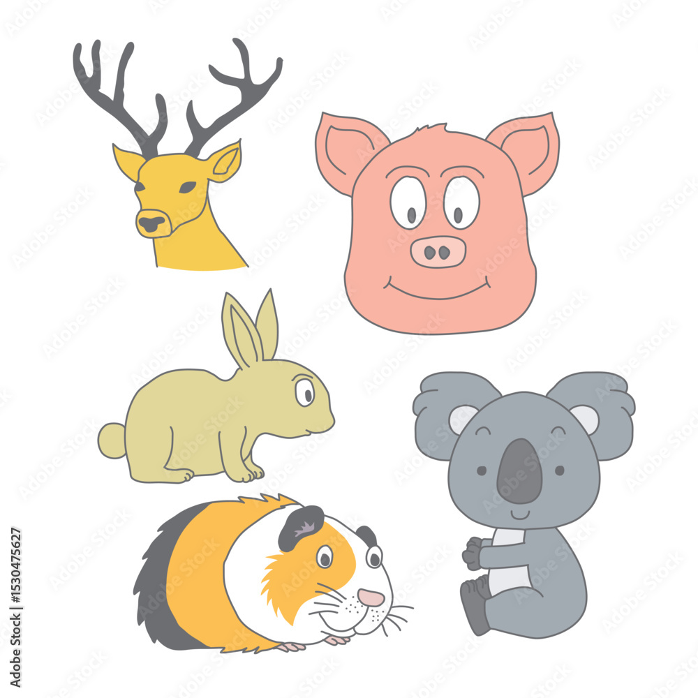 Naklejka premium Cute Cartoon Vector Set of Forest and Farm Animals – Rabbit, Guinea Pig, Pig, Deer, and Koala Character Illustrations for Kids, Mascot, or Educational Design