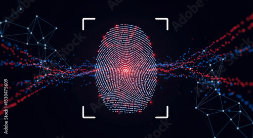 Abstract Fingerprint Scan Design with Blue and Red Connected Dots on Dark Background