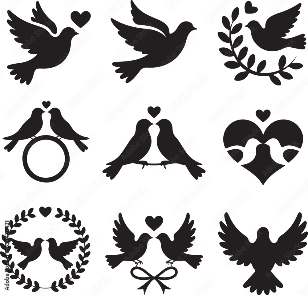 Fototapeta premium Romantic Bird Silhouette Vector Bundle – 10 Black Icons – Lovebirds, Doves, Hearts, Wedding Birds, Kissing Pose & More