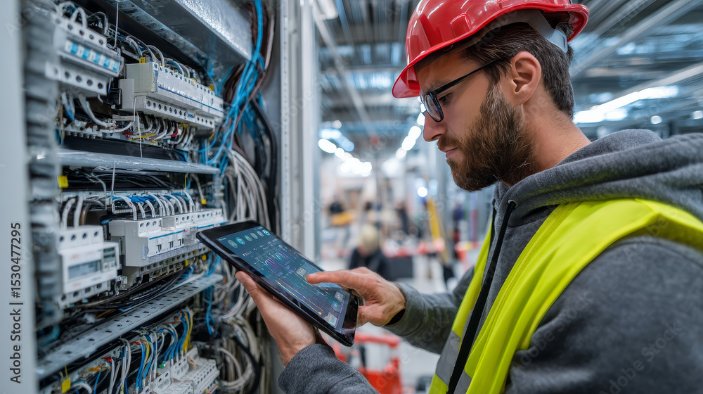 Fototapeta premium Telecommunications professional using a tablet with a digital interface overlay showing network data, signal strength, technology graphs showing bandwidth usage, connection quality, analysis.