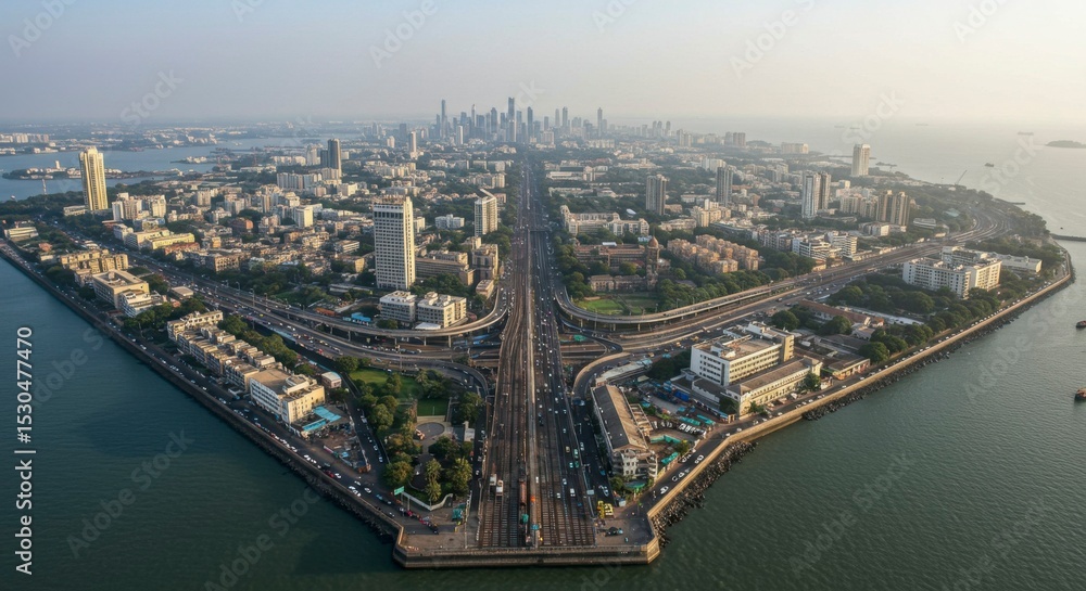 Aerial view of a city island with highways and buildings Aerial view of a city island with highways and buildings