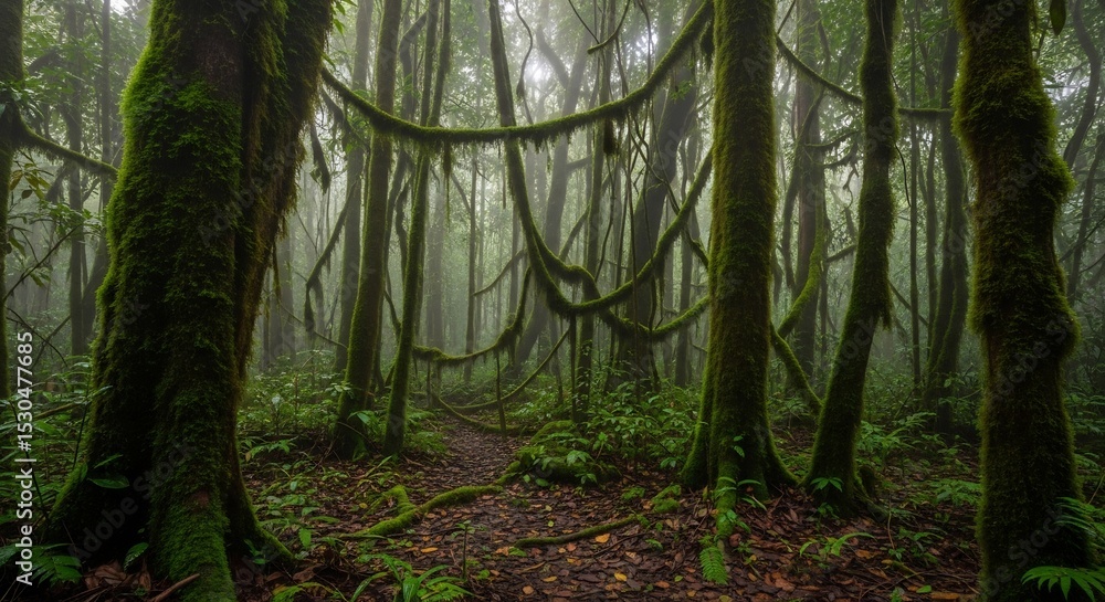 Fototapeta premium Lush Green Jungle Forest Landscape: Trees, Moss, Vines, and Pathway in Deep Woods