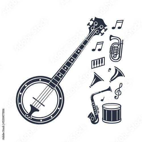 Banjo musical instrument in monochrome style isolated on white background vector illustration. Banjo, stringed acoustic wooden banjo. banjo icon silhouette vector art illustration.