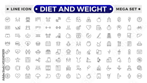 Diet and weight loss outline icon set. Gym and fitness web icon set. Containing healthy lifestyle, weight training, body care and workout or exercise equipment icons.
