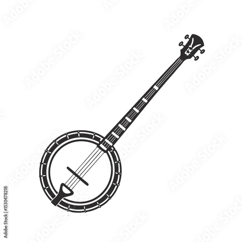 Banjo musical instrument in monochrome style isolated on white background vector illustration. Banjo, stringed acoustic wooden banjo. banjo icon silhouette vector art illustration.