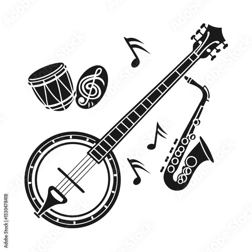 Banjo musical instrument in monochrome style isolated on white background vector illustration. Banjo, stringed acoustic wooden banjo. banjo icon silhouette vector art illustration.