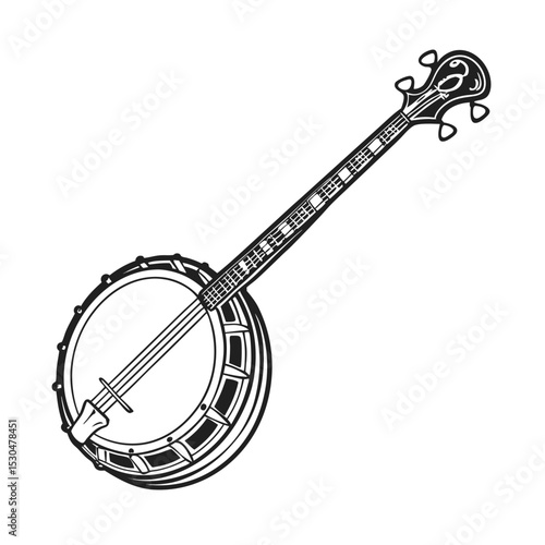 Banjo musical instrument in monochrome style isolated on white background vector illustration. Banjo, stringed acoustic wooden banjo. banjo icon silhouette vector art illustration.