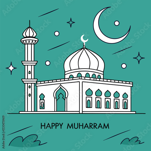 Contemporary Flat Illustration of Muslim Mosque – Happy Muharram with Crescent Moon and Arabic Calligraphy