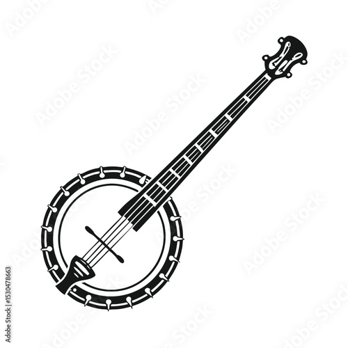 Banjo musical instrument in monochrome style isolated on white background vector illustration. Banjo, stringed acoustic wooden banjo. banjo icon silhouette vector art illustration.