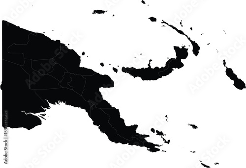 Black silhouette map of Papua New Guinea with regional boundaries on white background