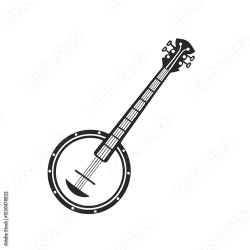 Banjo musical instrument in monochrome style isolated on white background vector illustration. Banjo, stringed acoustic wooden banjo. banjo icon silhouette vector art illustration.