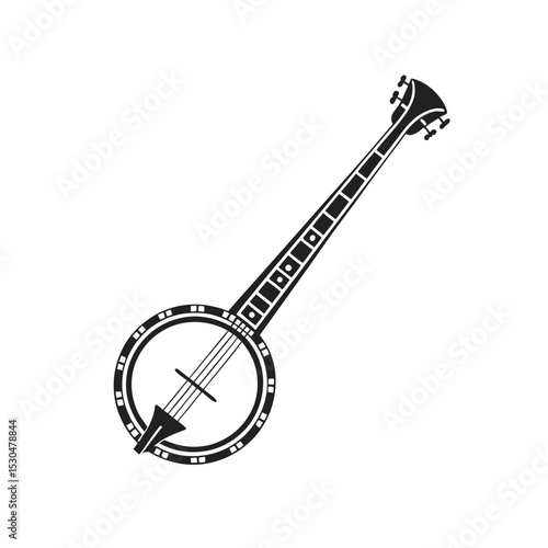 Banjo musical instrument in monochrome style isolated on white background vector illustration. Banjo, stringed acoustic wooden banjo. banjo icon silhouette vector art illustration.