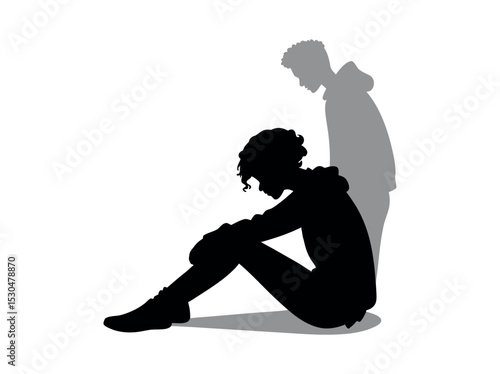 Silhouette of a Sad Teenager Sitting Down, silhouette of a young person sitting dejectedly, head bowed, and arms resting on their knees, pensive, thoughtful, sitting, profile, young adult, illustratio