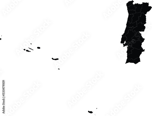 Black silhouette map of Portugal with regional boundaries and islands on white background