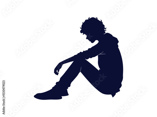 Silhouette of a Sad Teenager Sitting Down, silhouette of a young person sitting dejectedly, head bowed, and arms resting on their knees, pensive, thoughtful, sitting, profile, young adult, illustratio