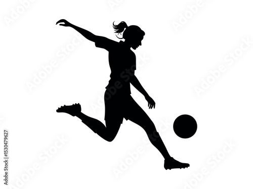 Female Soccer Player in Dynamic Action Silhouette, silhouette of a female soccer player executing a powerful kick, women's football, soccer action, athletic, sports design, soccer illustration, sports