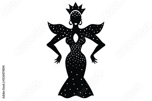 Hand drawn drag queen illustration with glitter shirt and crown