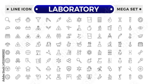 Laboratory outline icon set. Chemistry doodle illustration including icons. Containing experiment, test tube, microscope, flask, chemical, biology, research, lab and more.
