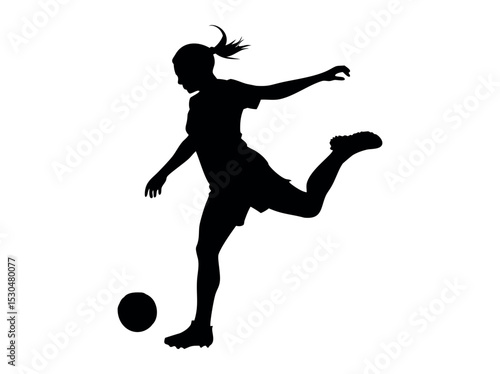 Female Soccer Player in Dynamic Action Silhouette, silhouette of a female soccer player executing a powerful kick, women's football, soccer action, athletic, sports design, soccer illustration, sports