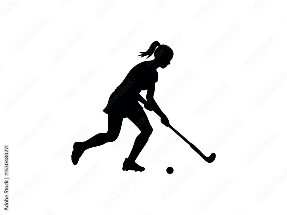 Fototapeta premium Female field hockey player in action, silhouette, silhouette of a female field hockey player in action, striking a powerful pose while in mid-movement with the hockey stick and ball, female athlete, f