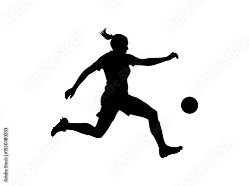 Female Soccer Player in Dynamic Action Silhouette, silhouette of a female soccer player executing a powerful kick, women's football, soccer action, athletic, sports design, soccer illustration, sports