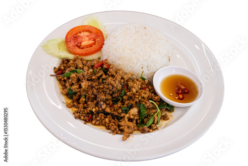 Minced pork with holy basil, Thai food style