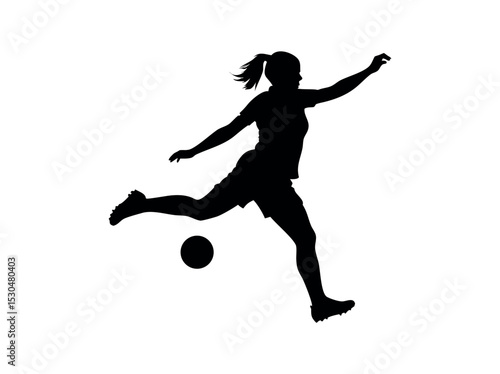 Female Soccer Player in Dynamic Action Silhouette, silhouette of a female soccer player executing a powerful kick, women's football, soccer action, athletic, sports design, soccer illustration, sports
