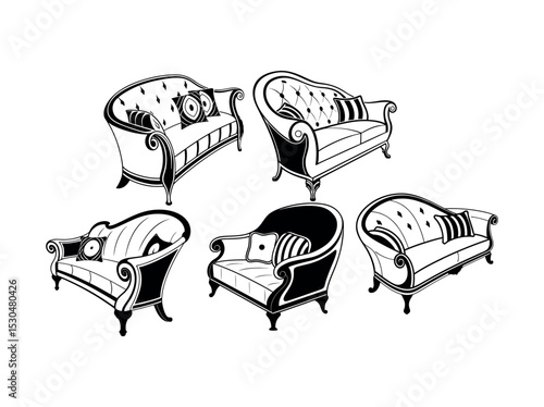 Elegant Black and White Line Art of Classic Sofas and Armchairs, showcases a set of ornate sofas and armchairs in a classic style, sofa, armchair, chaise lounge, furniture, classic, vintage, antique, 
