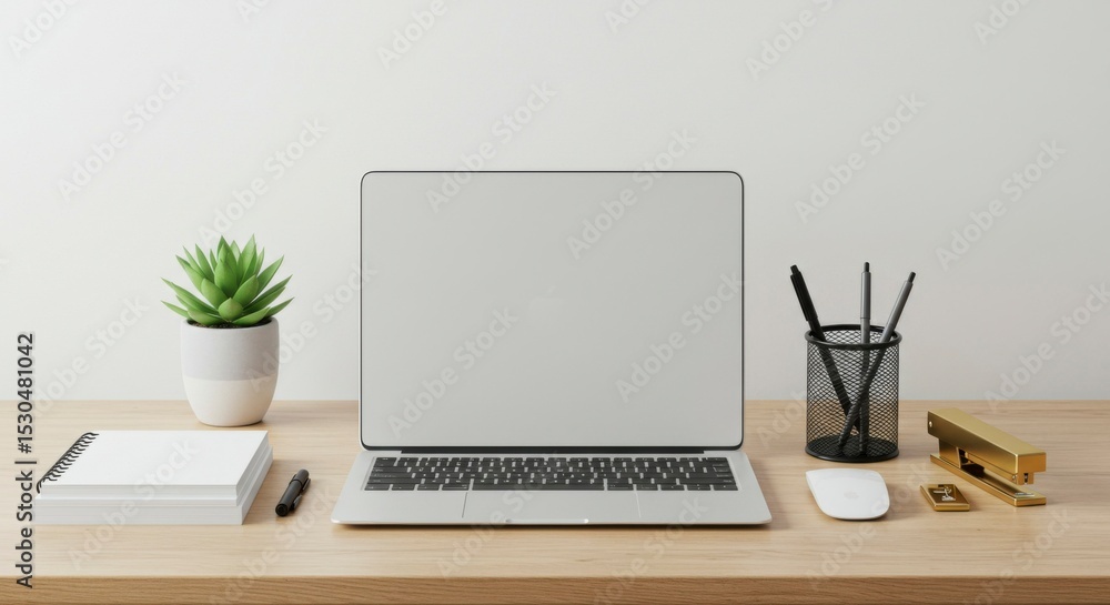 Minimalist workspace featuring laptop, stationery, and succulent. Clean, organized desk Minimalist workspace featuring laptop, stationery, and succulent. Clean, organized desk
