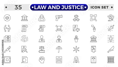 Law and Justice outline icon set. Court icon set. Containing Investigation, law, judgment, criminal, justice law, court legal, lawyer, criminal, prison and more.