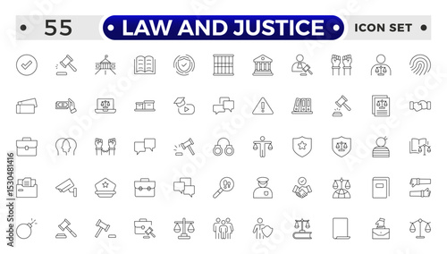 Law and Justice outline icon set. Court icon set. Containing Investigation, law, judgment, criminal, justice law, court legal, lawyer, criminal, prison and more.