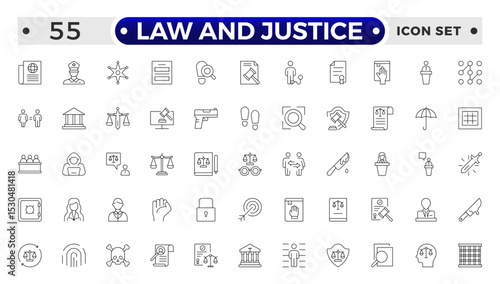 Law and Justice outline icon set. Court icon set. Containing Investigation, law, judgment, criminal, justice law, court legal, lawyer, criminal, prison and more.