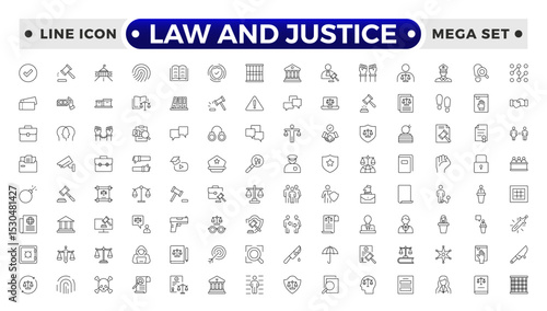Law and Justice outline icon set. Court icon set. Containing Investigation, law, judgment, criminal, justice law, court legal, lawyer, criminal, prison and more.