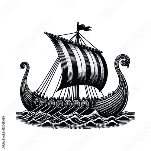 viking ship engrave logo icon design illustration