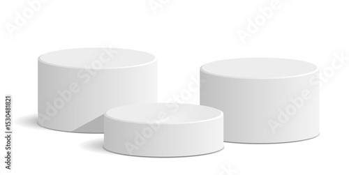 Cylinder white podium stage pedestal and platform vector for product display, spotlight presentations, or award ceremonies. It's ideal for minimalist exhibitions, virtual events, and elegant showcases