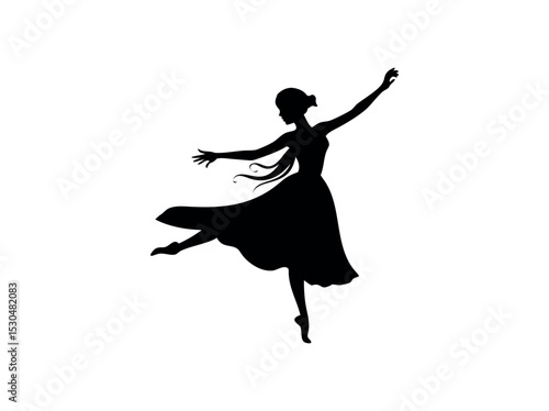 Graceful ballerina silhouette in mid-air pose, silhouette of a ballerina mid-leap, with outstretched arms and flowing skirt, ballerina, ballet, dance, silhouette, woman, female, silhouette, illustrati