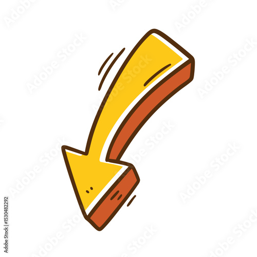 Bold yellow curved down arrow in cartoon style with dynamic lines and thick outline. Perfect for web, presentation, highlight, UI pointer, and attention-grabbing visual content.